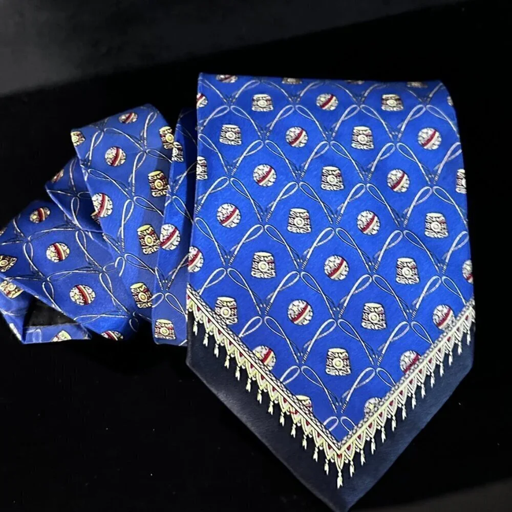 Gianfranco Ferre Silk Tie Blue Gold Red Baroque Filagree Rococo Balls Luxury Man